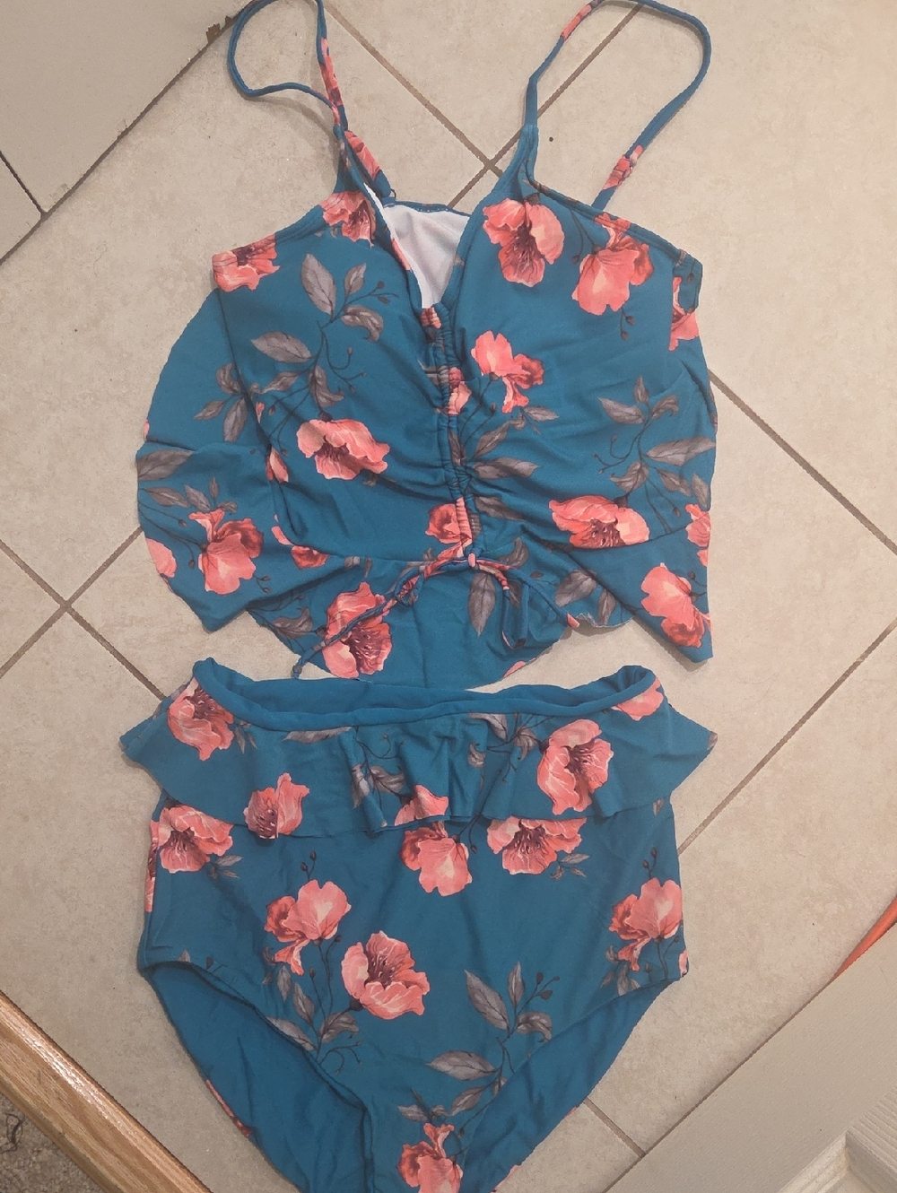 Teal Floral Two-Piece Swimsuit Set with Pink Flowers New Without Tags.